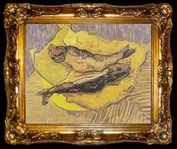framed  Vincent Van Gogh Still Life with smoked herrings on yellow paper, ta009-2